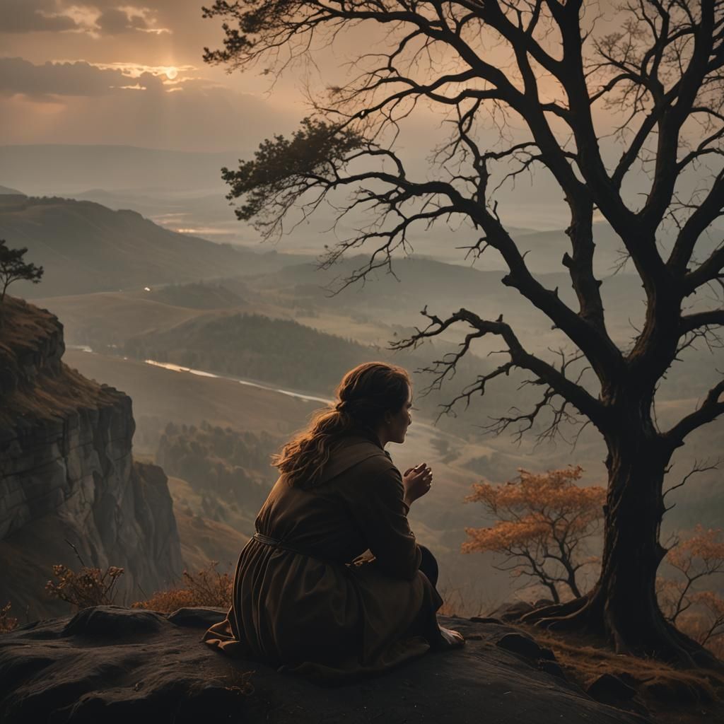 Woman at Cliff's Edge in Cinematic Style
