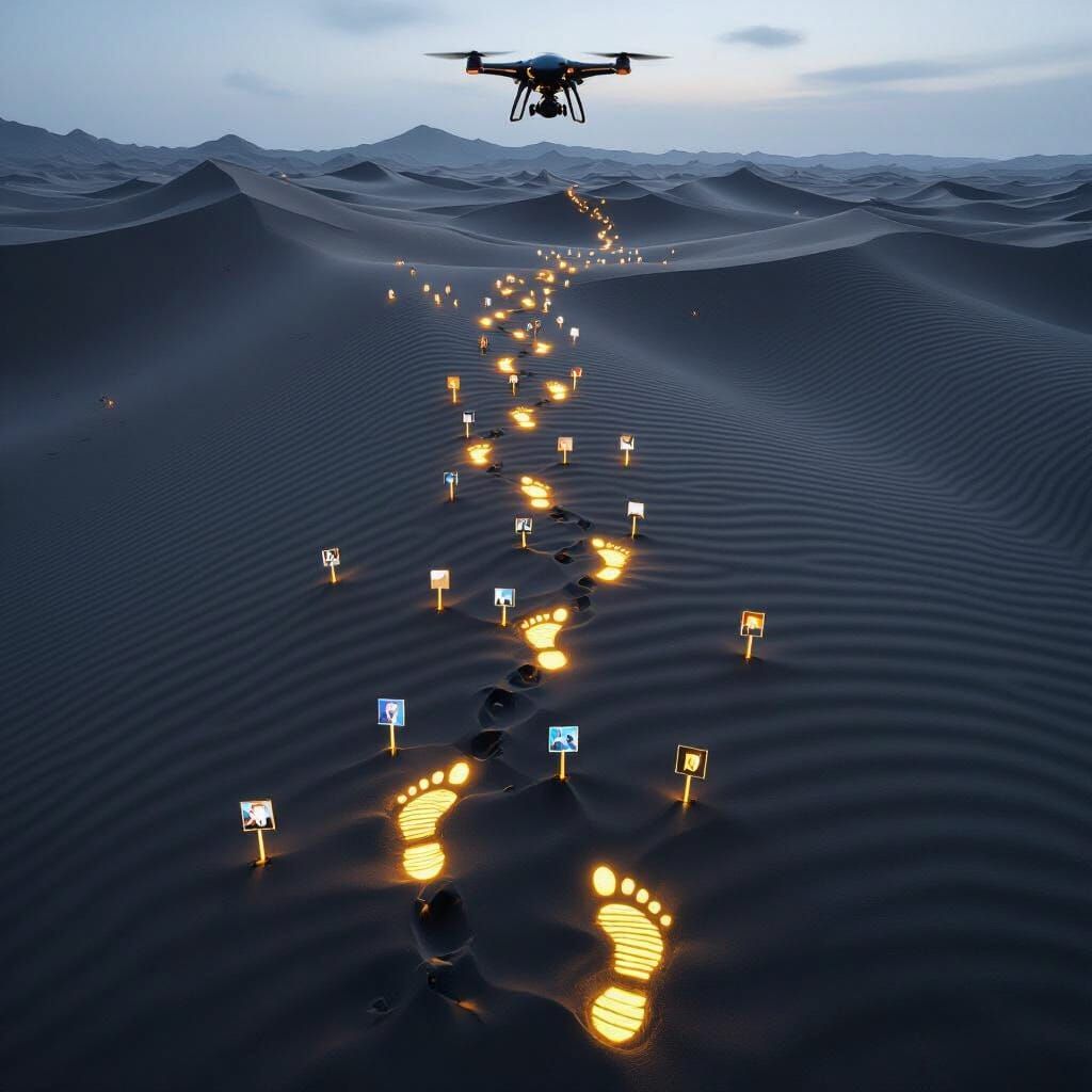 Endless Desert: Glowing Footprints in Black Sand