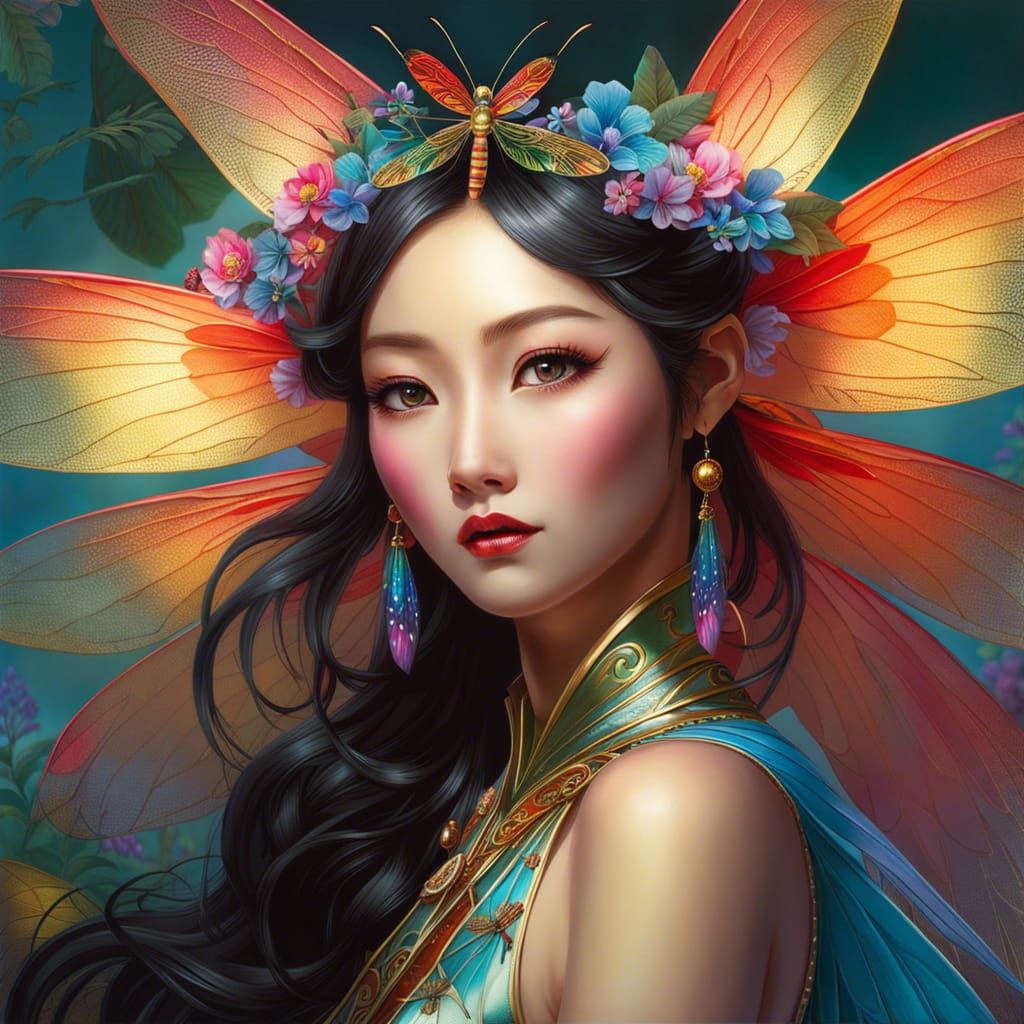 Chinese Fairy with Dragonfly Wings in Fantasy Art Style