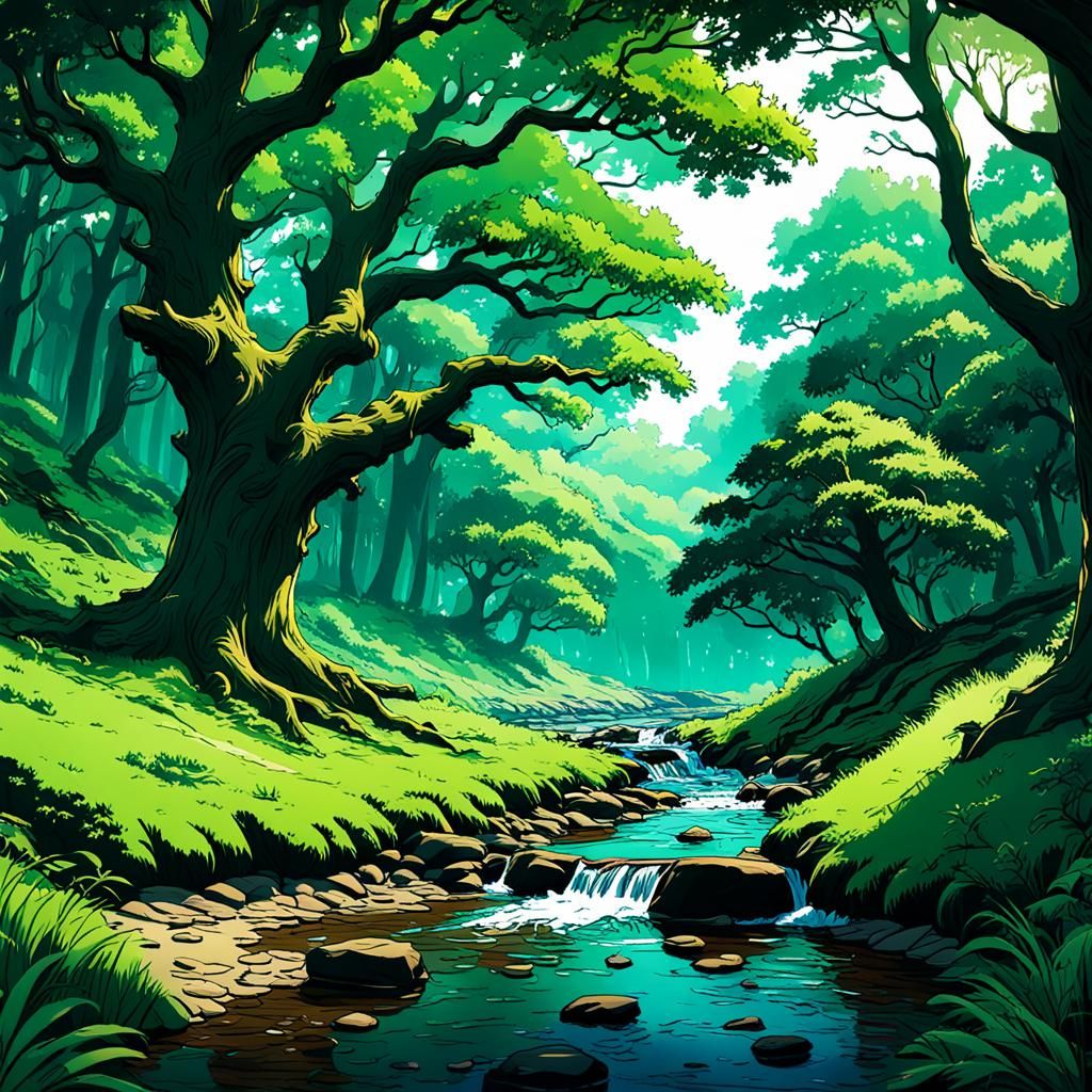 Lush Forest Scene in Anime Style
