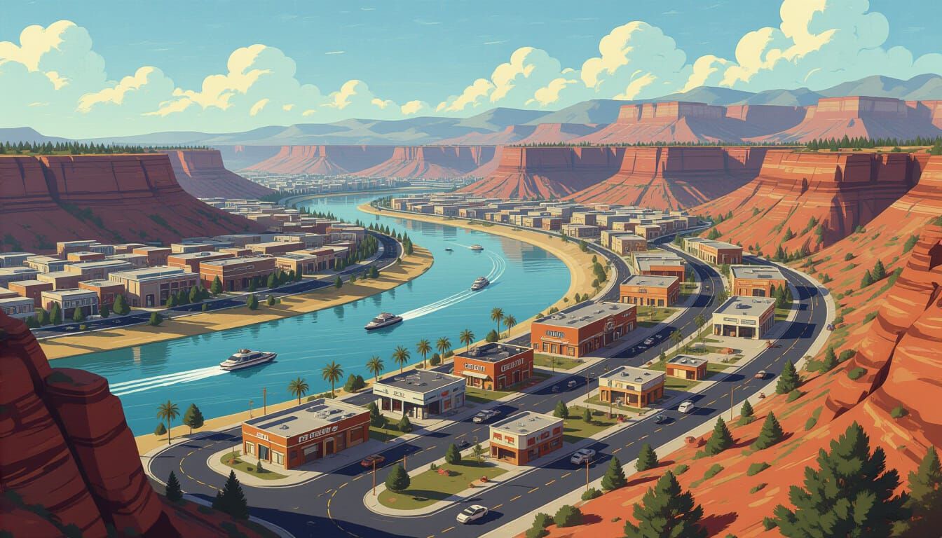 Retro-Futuristic Cityscape Panorama in Rollerwave Style