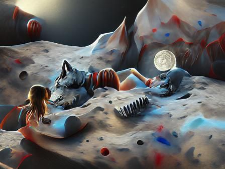 A wolf and a girl on the moon in space