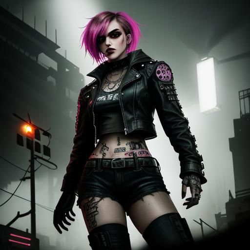 Punk Model in Cyberpunk Sepia Graveyard