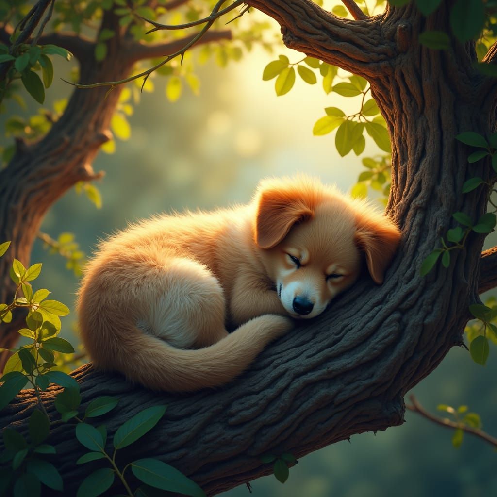 Dog Sleeping Peacefully in Tree Branch