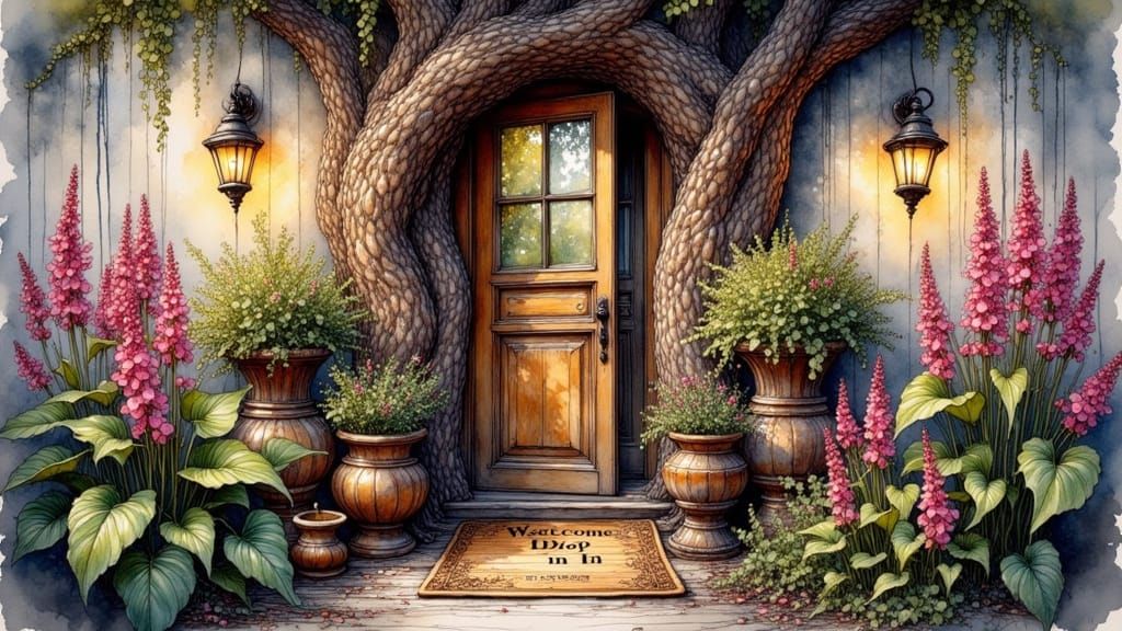 Charming House Nestled at Tree Roots with Dewdrop Lights