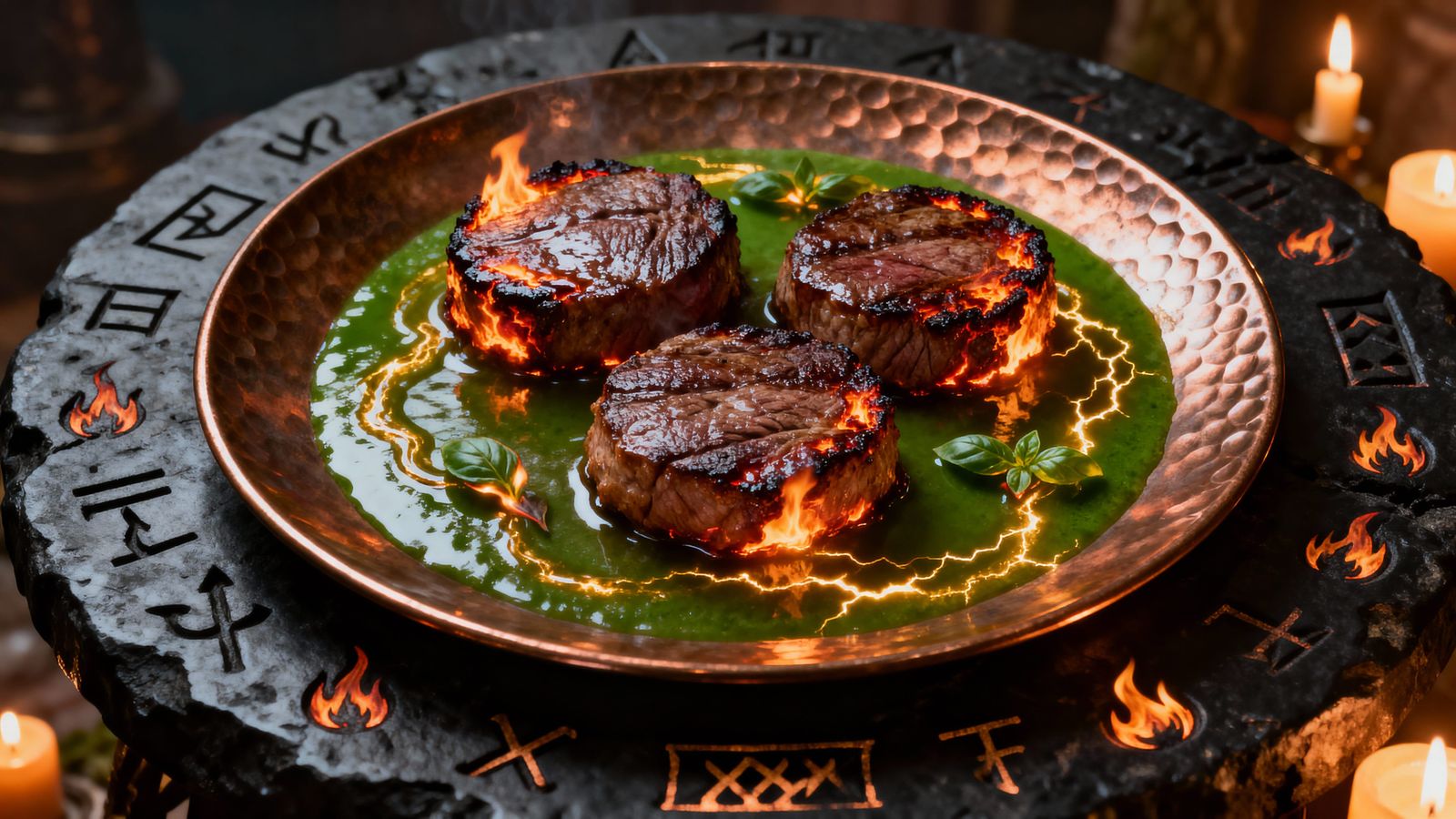 Glistening Meat Medallions on Bronze Platter with Basilfire ...