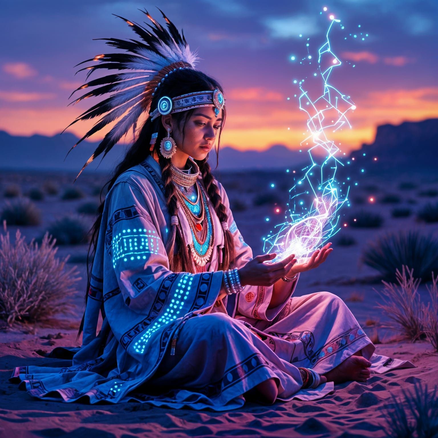 Futuristic Apache Medicine Woman in Neon Desert