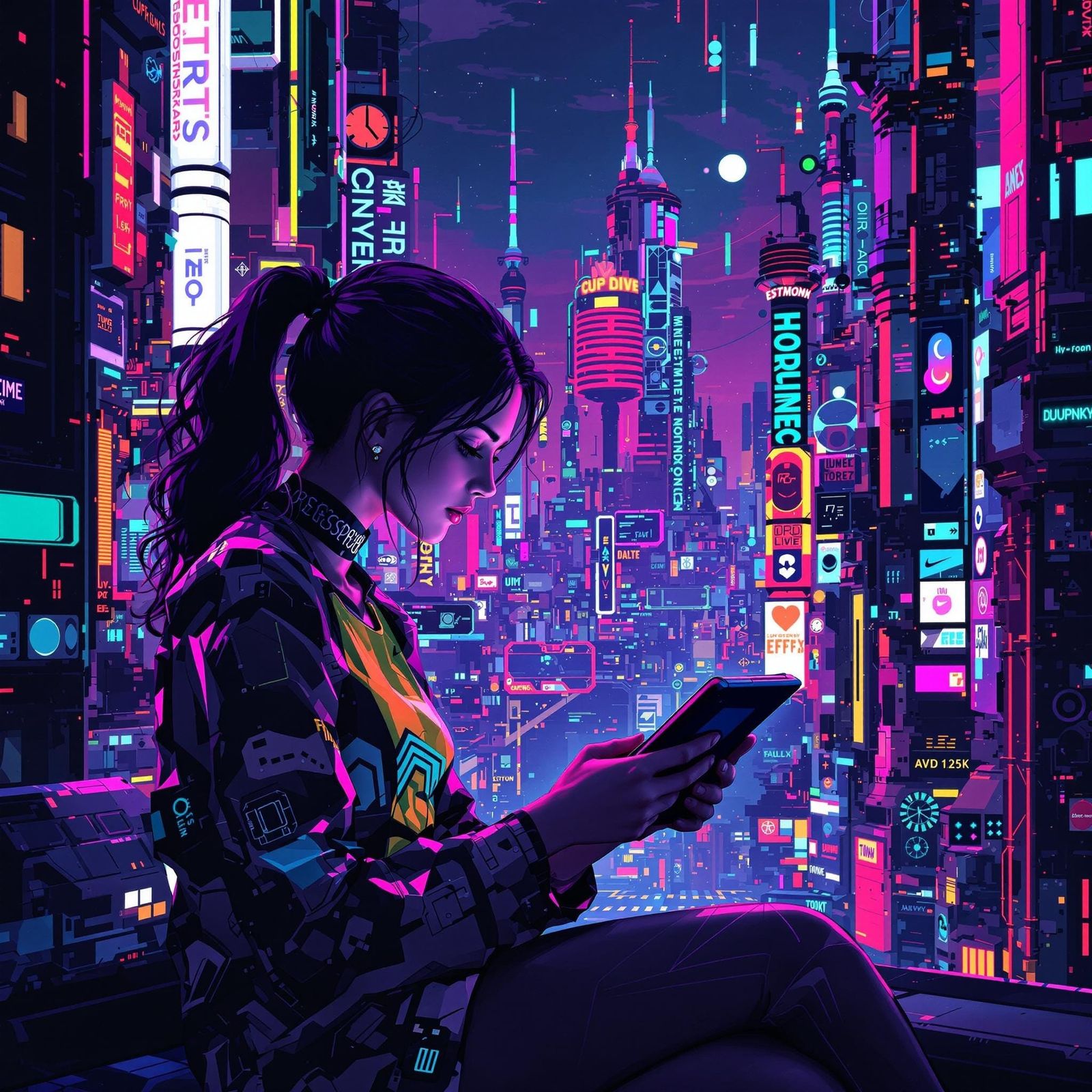 Woman Reads Tablet in Neon Cyberpunk Cityscape