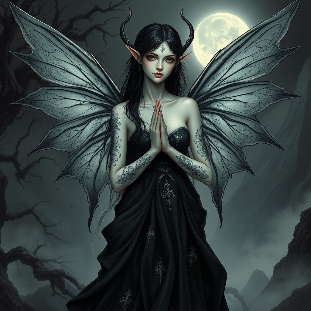 Monochromatic Fairy Elf with Silver Tattoos and Wings