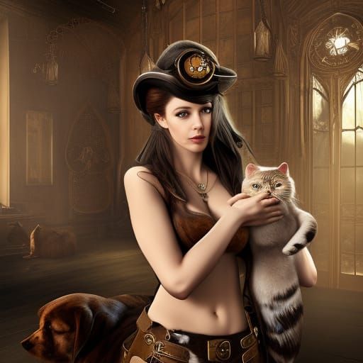 Steampunk Woman with Cat and Dog in Detailed Room