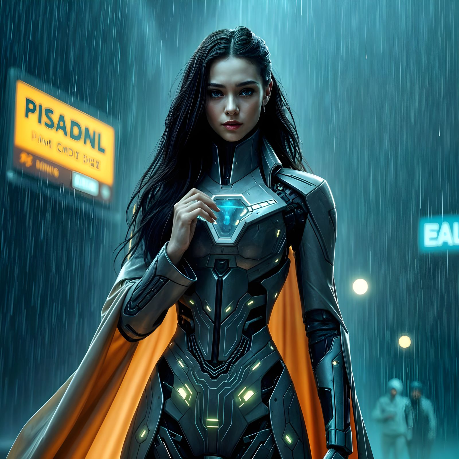 Ethereal Robot Goddess Reigns in Futuristic Storm