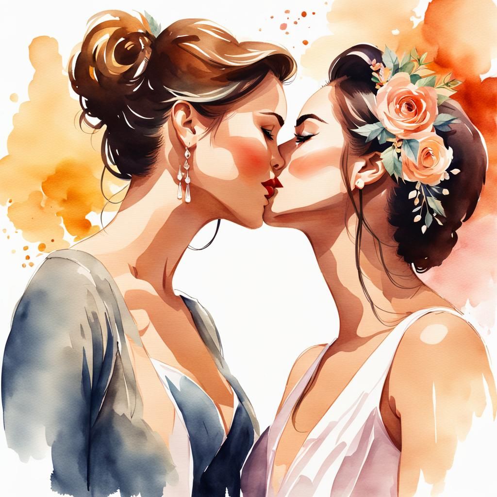 Woman Kissing Woman at Wedding in Watercolor