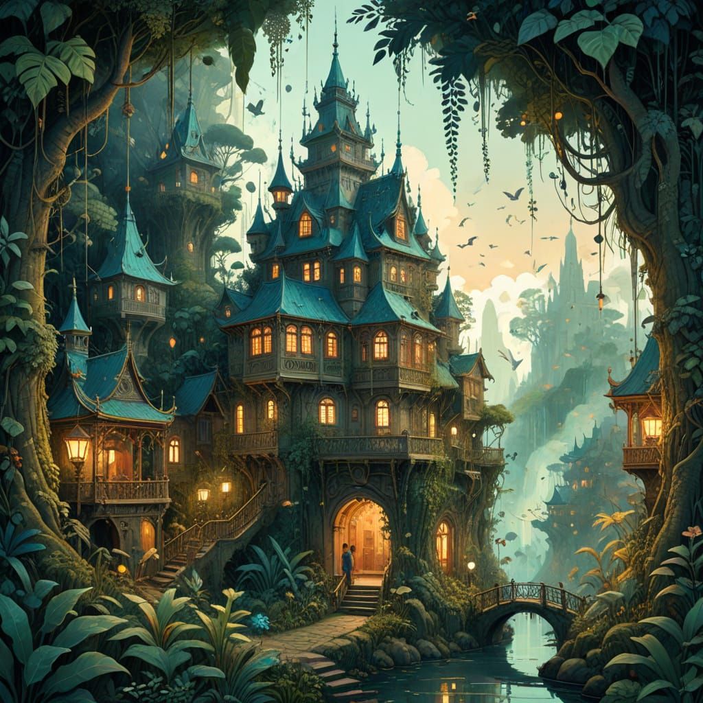 Ornate Cityscape and Jungle in Watercolor Style