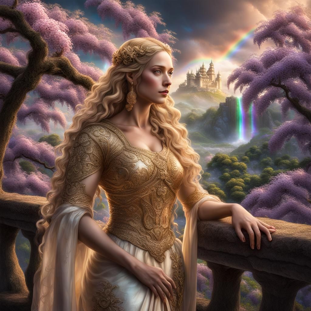 Golden Goddess Overlooking a Rainbow Flower Kingdom