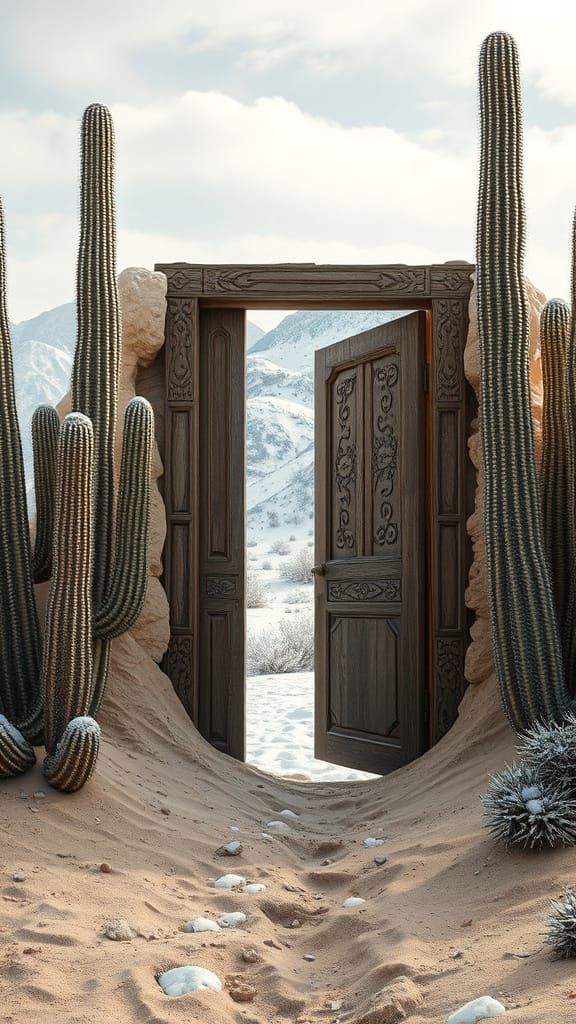 Door to Winter: A Photorealistic 3D Desert Paradox