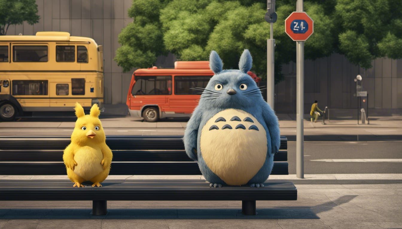 Big Bird and Totoro at Bus Stop