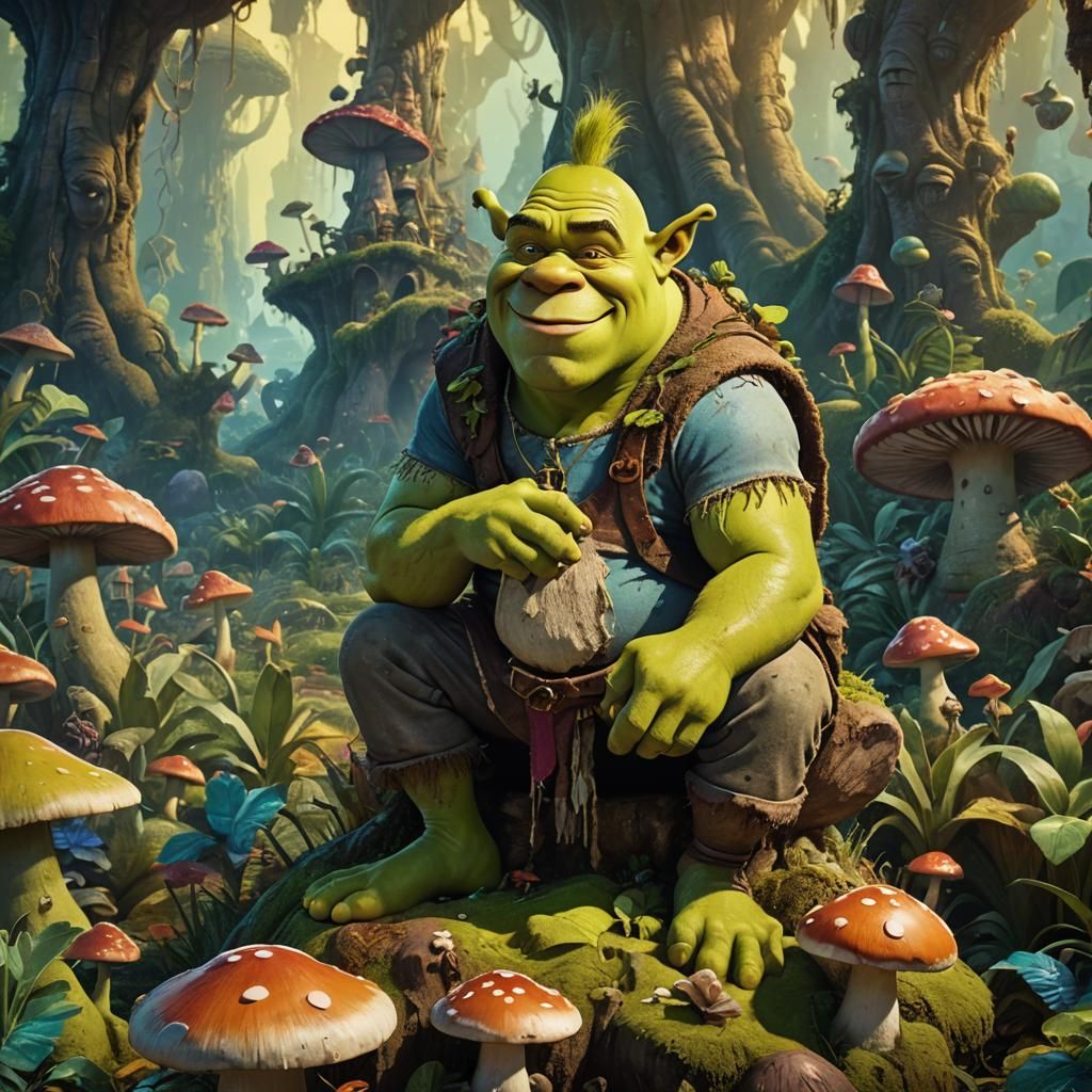 Goofy Shrek on Mushroom, Dreamlike Fauvist Art