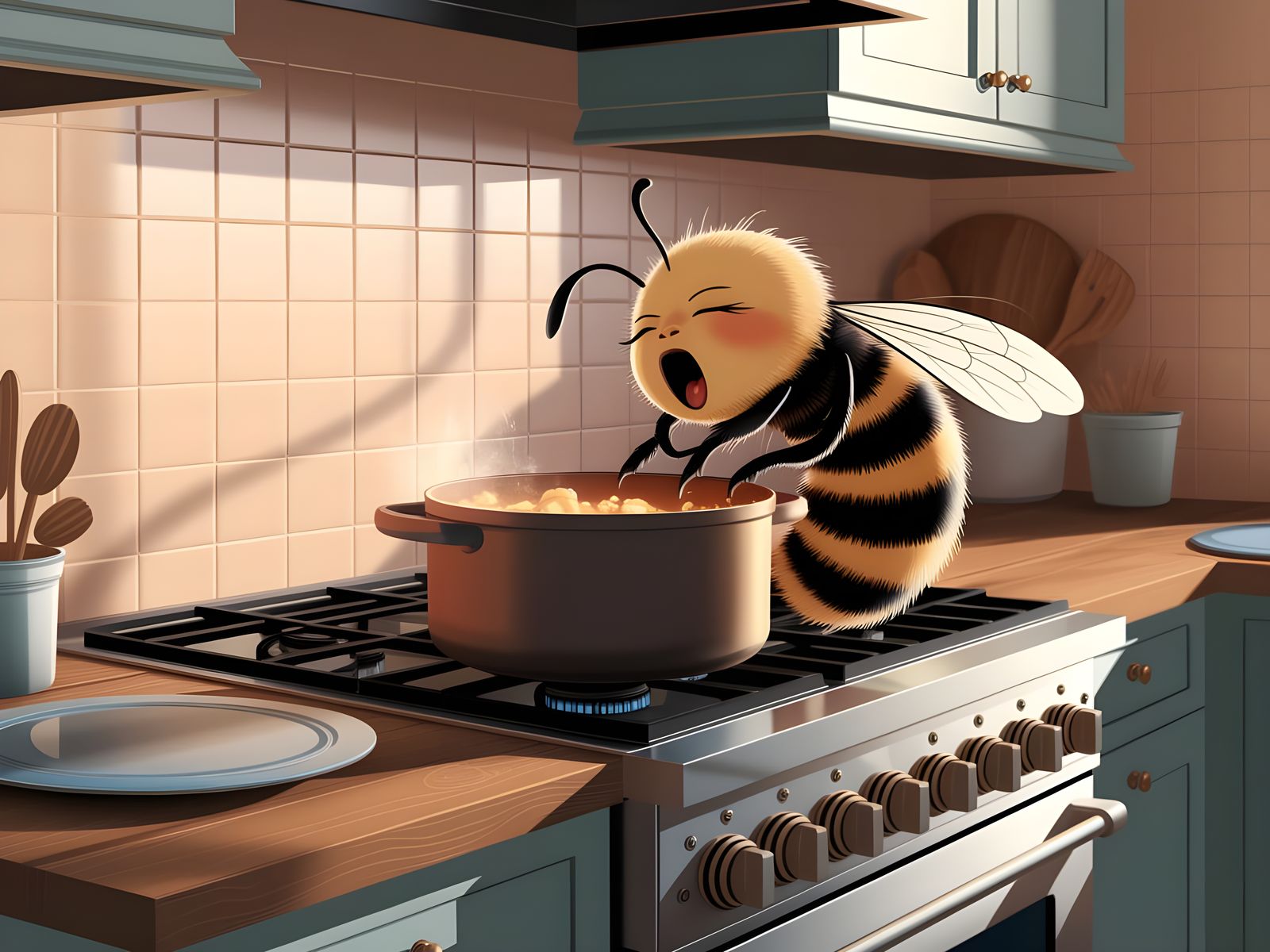 Sleepy Bee Yawns in Cozy Kitchen Illustration