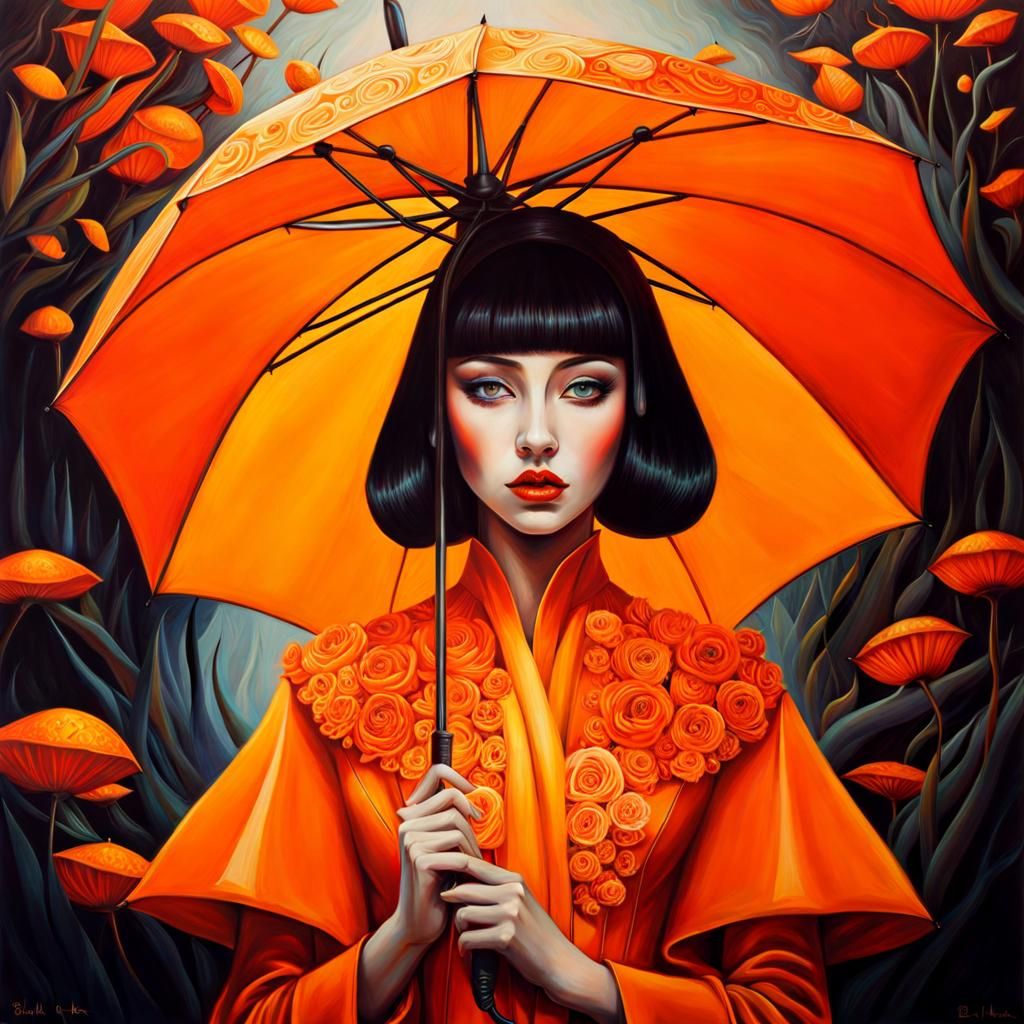 Orange Umbrella Girl: Stylized Digital Art
