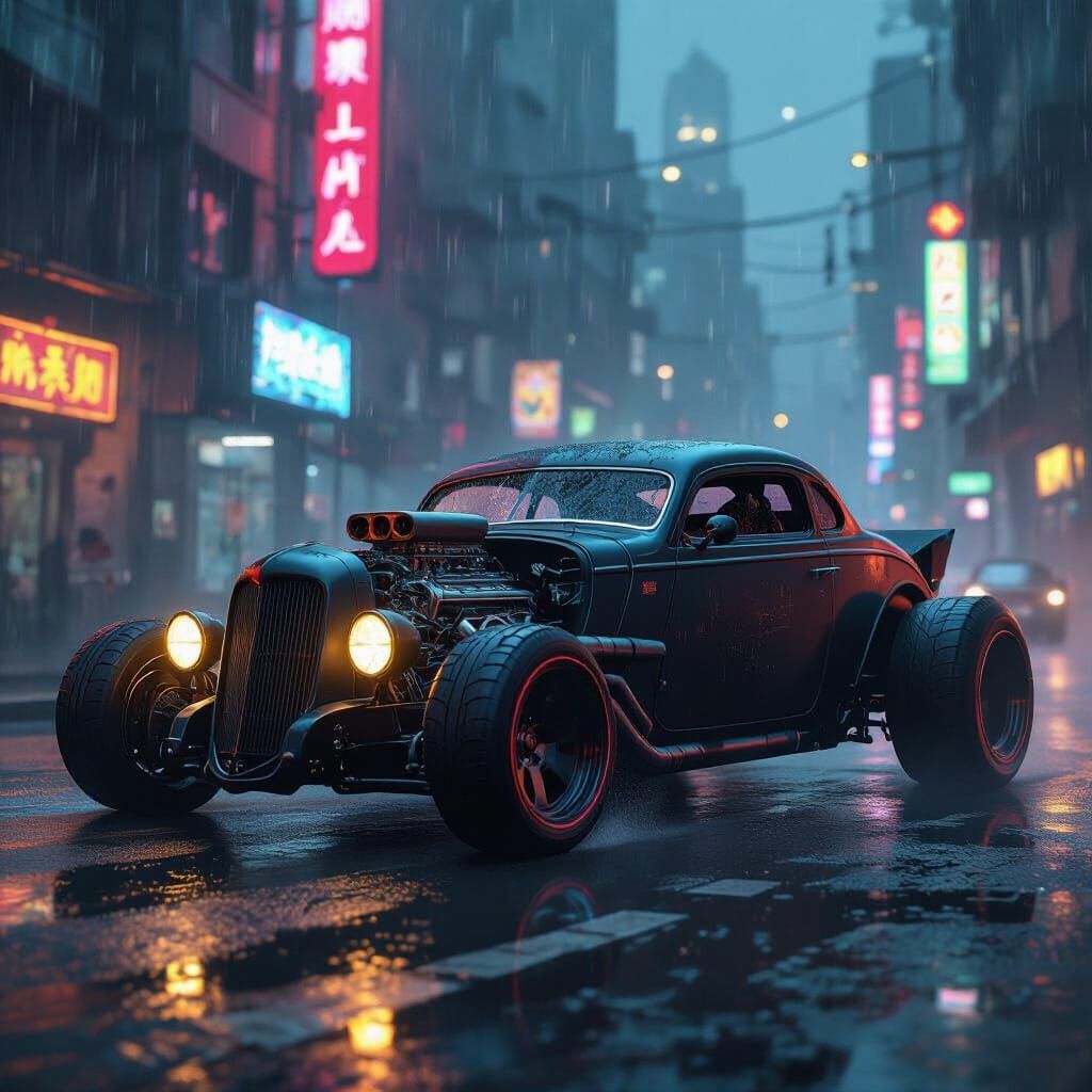 Futuristic Rat Rod Cruises Cyberpunk Cityscape