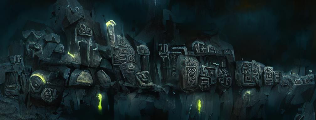 Rune Covered Mechanical Golem in Fantasy Landscape