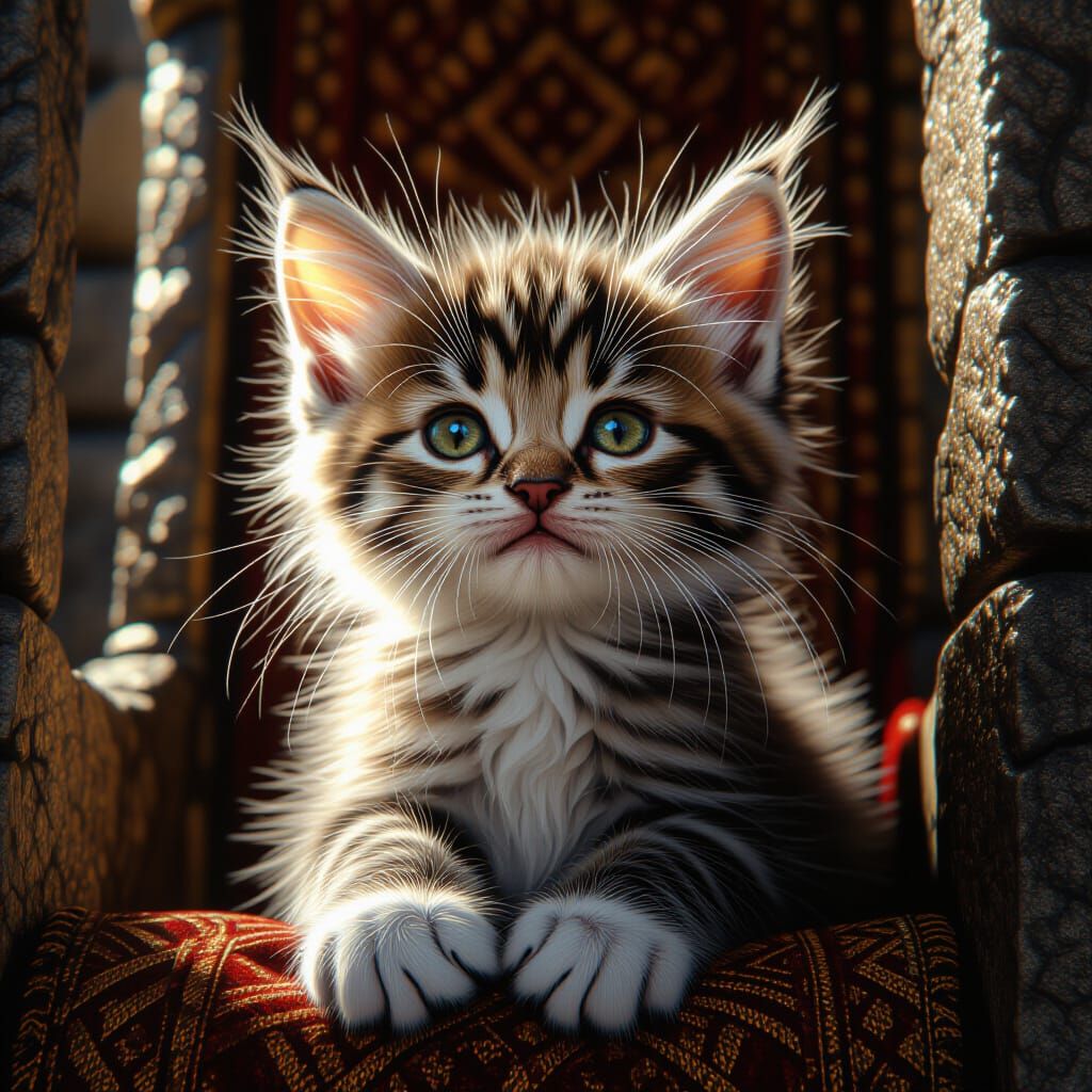 Luminous Kitten in Throne Room: Hyperrealistic Chiaroscuro C...