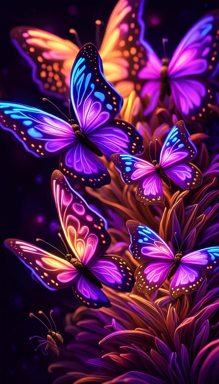 Neon Butterflies Around Glowing Flower: Digital Art