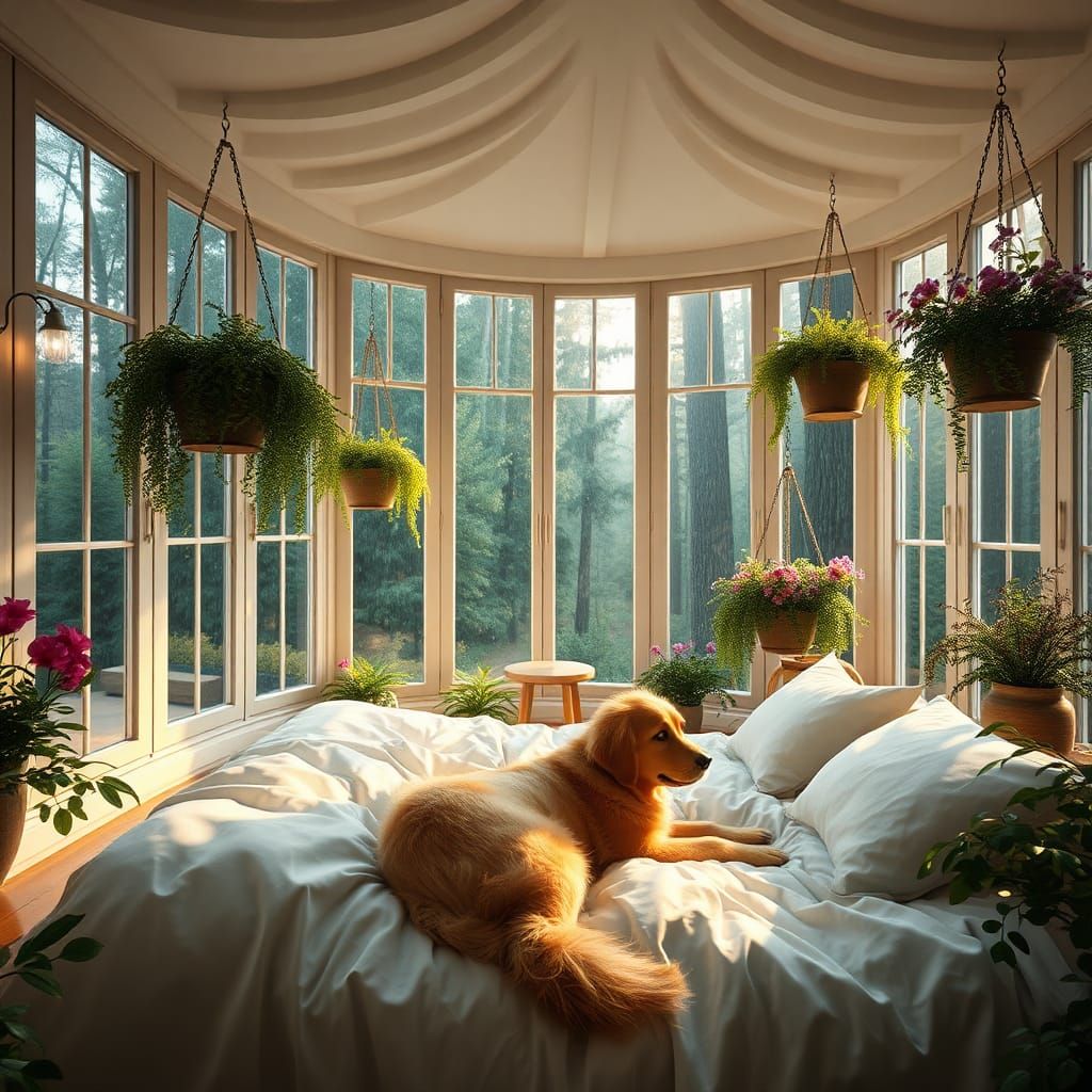 Cozy Bedroom with Golden Retriever in Rain