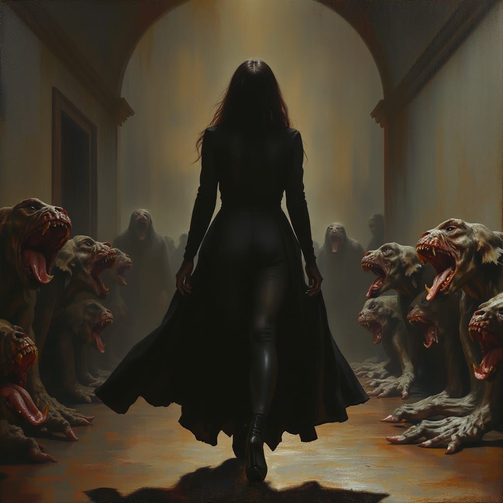 Dark Hallway with Red Tongues, Oil Painting Style