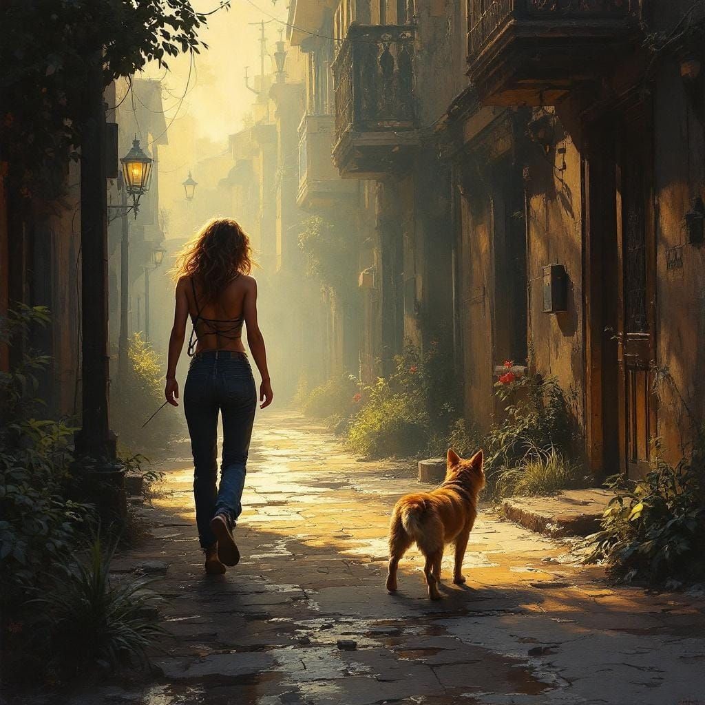 Dramatic Woman on Quiet Street, Fantasy Art Style