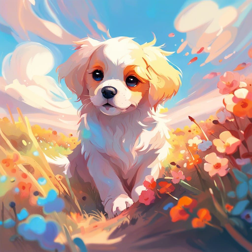 Cute Puppy in Anime Gouache Watercolor Style