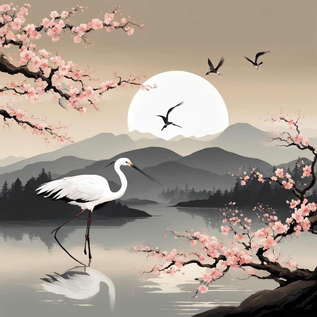 Majestic White Crane in Japanese Blossom Tree