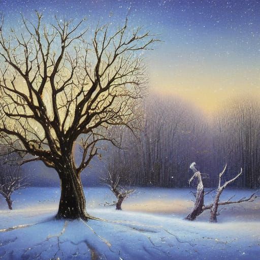 Curious Tree in Winter Landscape as Oil Painting