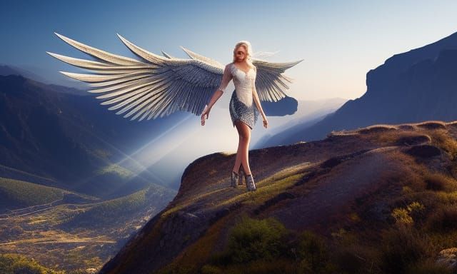 Blond Angel Landing on Mountain Top Concept Art
