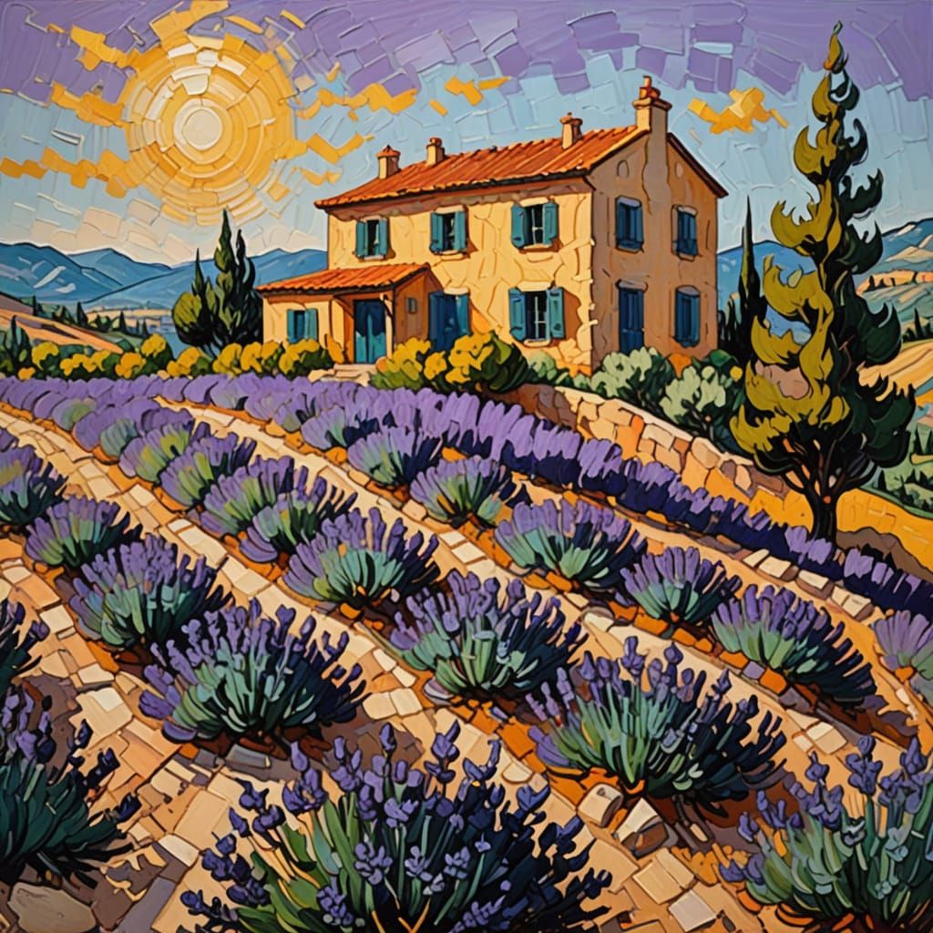 Provençal Villa in Lavender Field: Impressionist Oil Paintin...