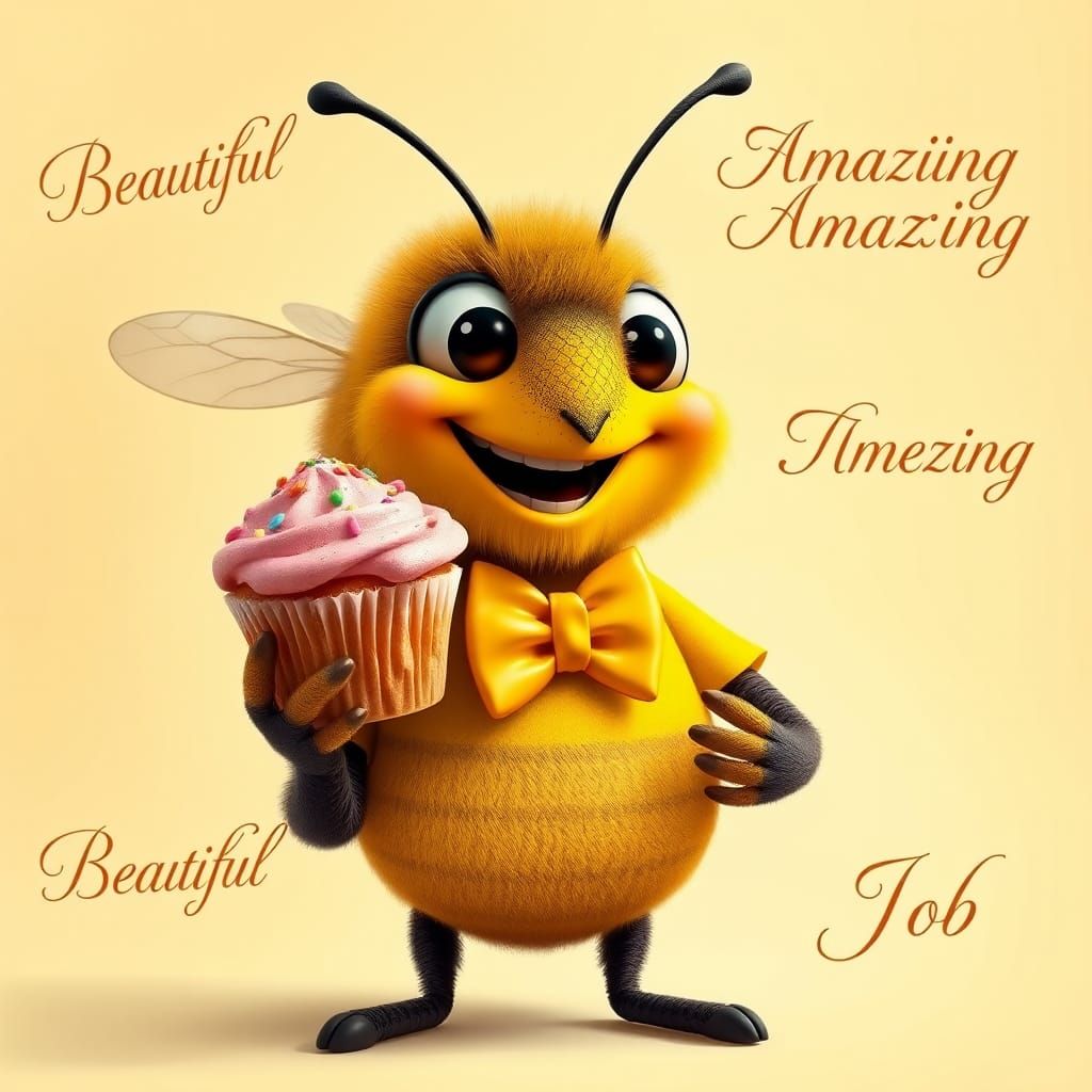 3d model of a cartoon bee in yellow outfit holding a cupcake...