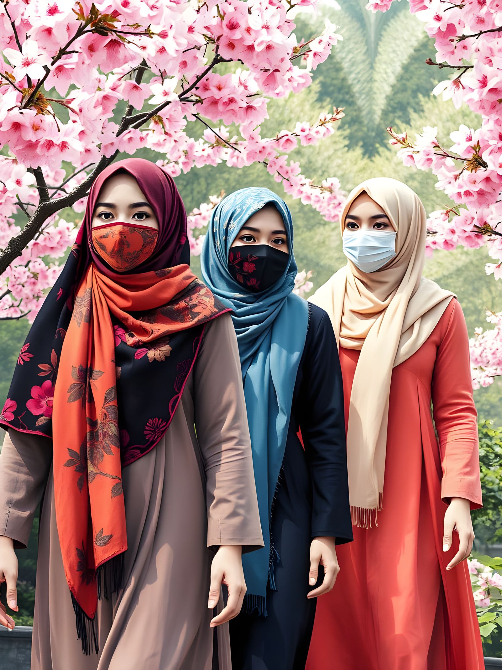 Elegant Hijab Ladies in Sakura Garden, Watercolor Style
