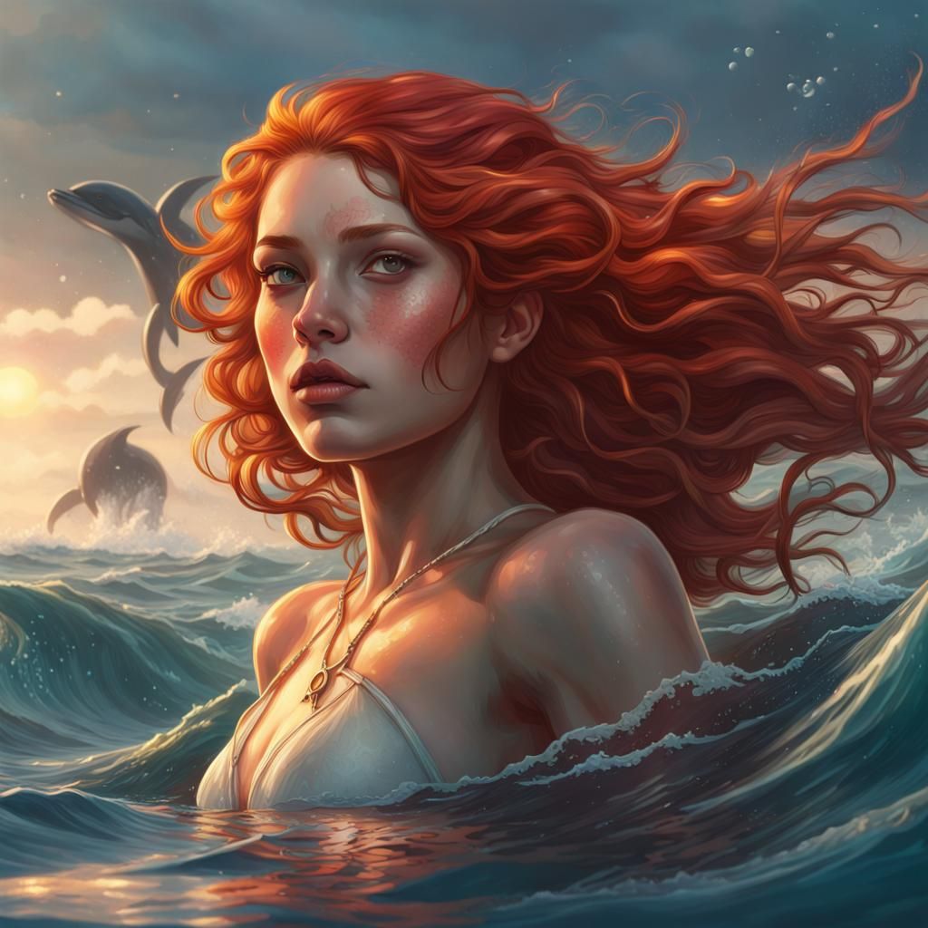 Red-Haired Goddess Swimming with Whales and Dolphins