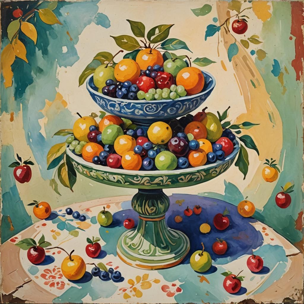 Impressionist Gouache Bowl of Fruit Still Life