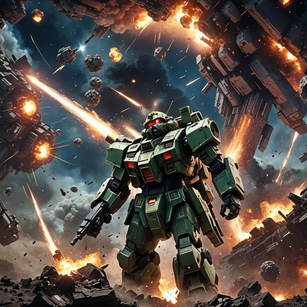 Zaku Robot in Space Explosion: Detailed Matte Painting