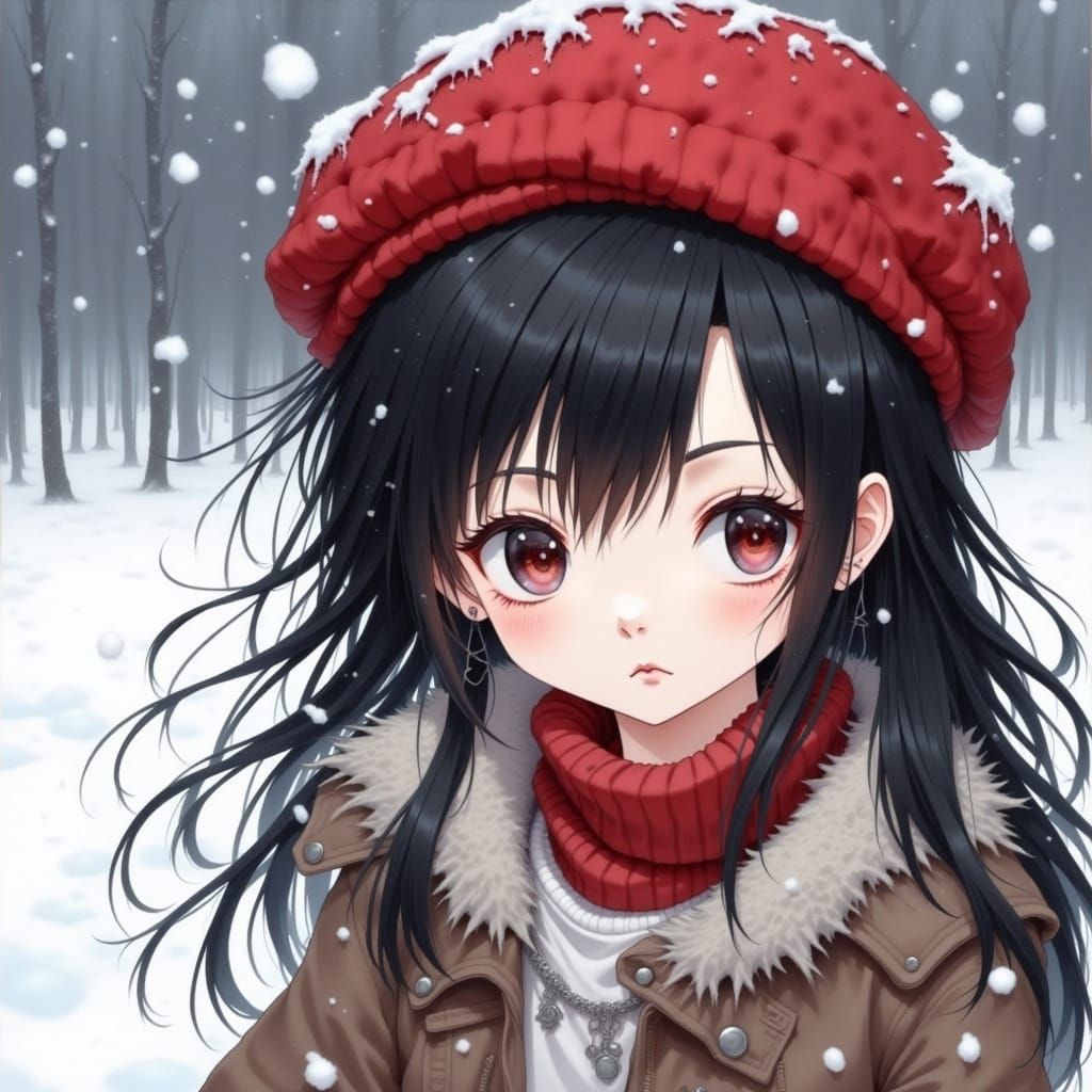 Girl in Red Hat and Boots in Snowy Field