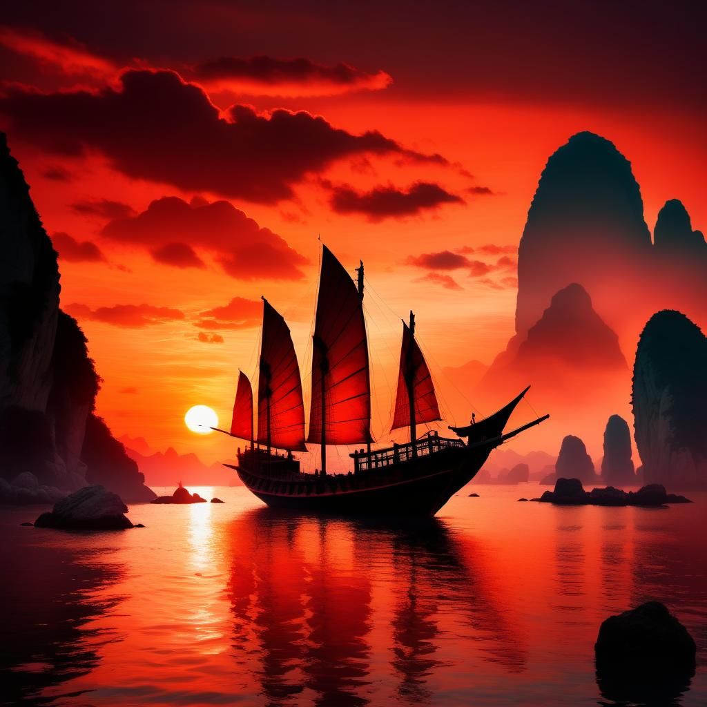 Chinese Junk Boat Silhouette at Sunset