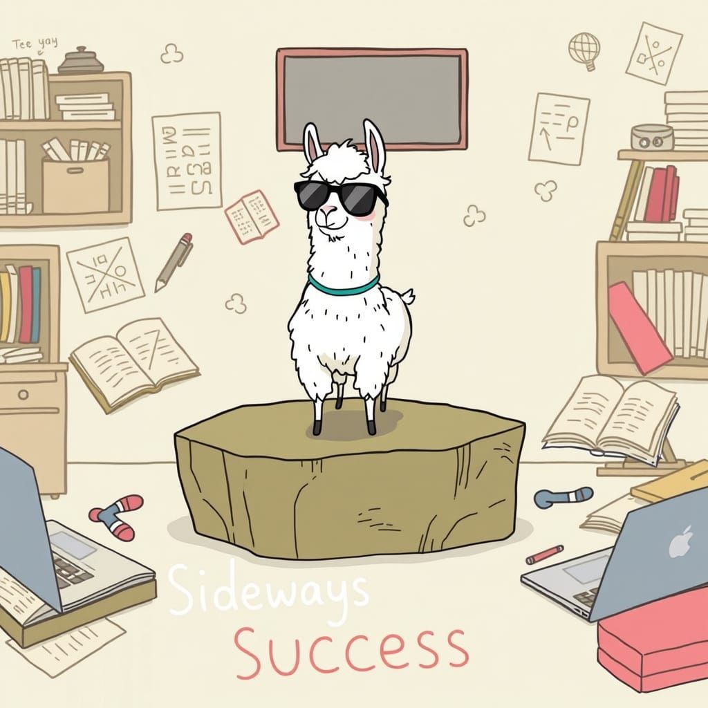 Cartoon Llama's Sideways Success: Whimsical Pastel Art