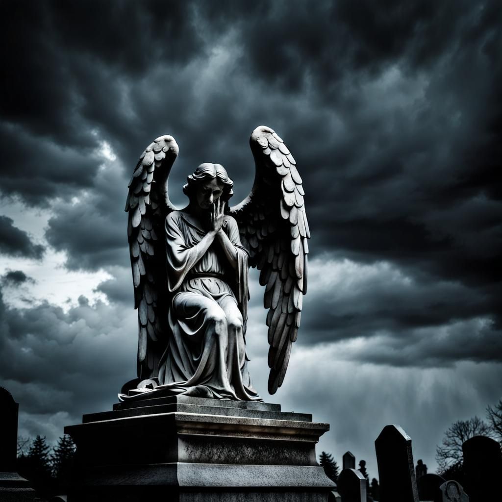 Gothic Weeping Angel Statue in Cemetery