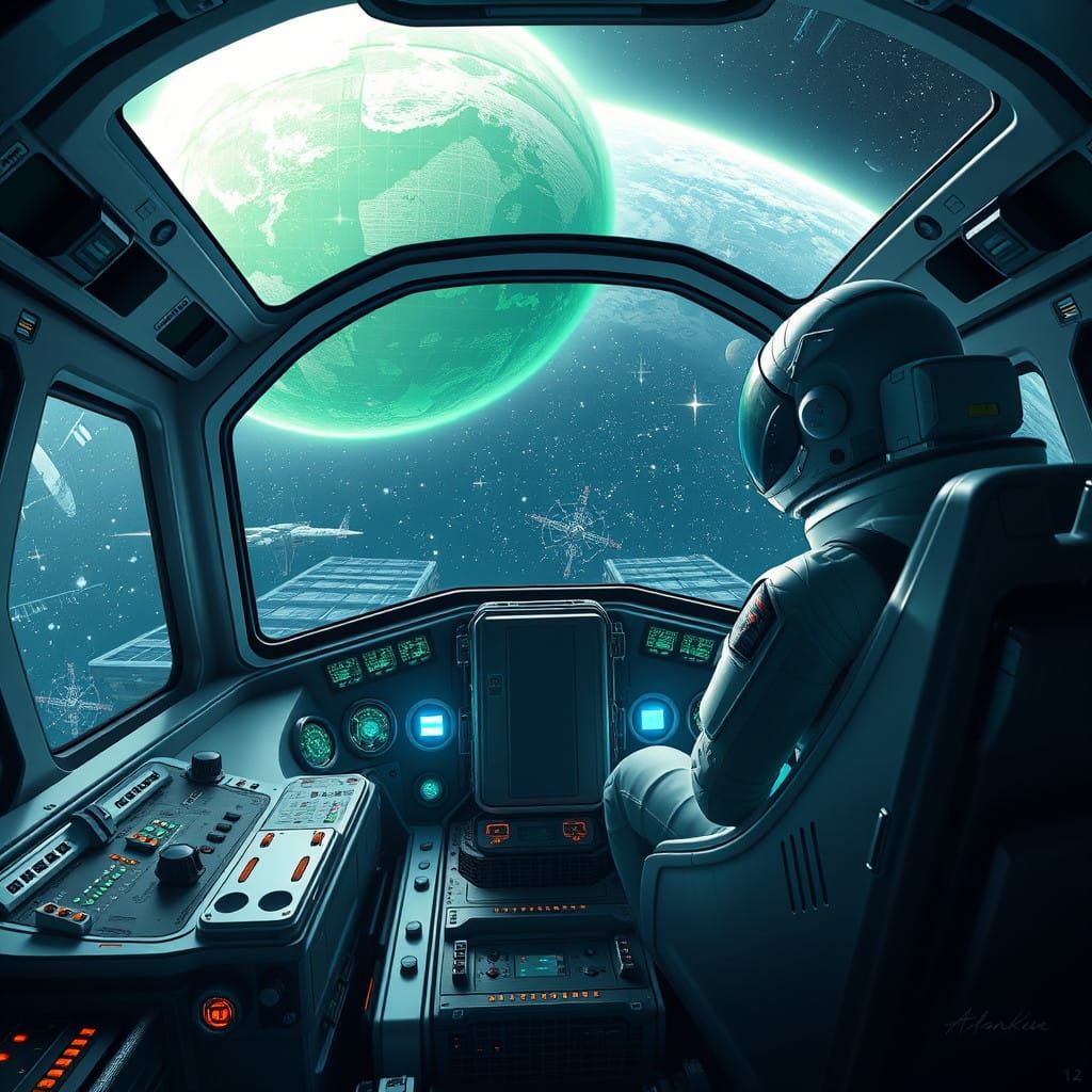 Astronaut in Cosmic Spacecraft Cockpit with Majestic Planet....