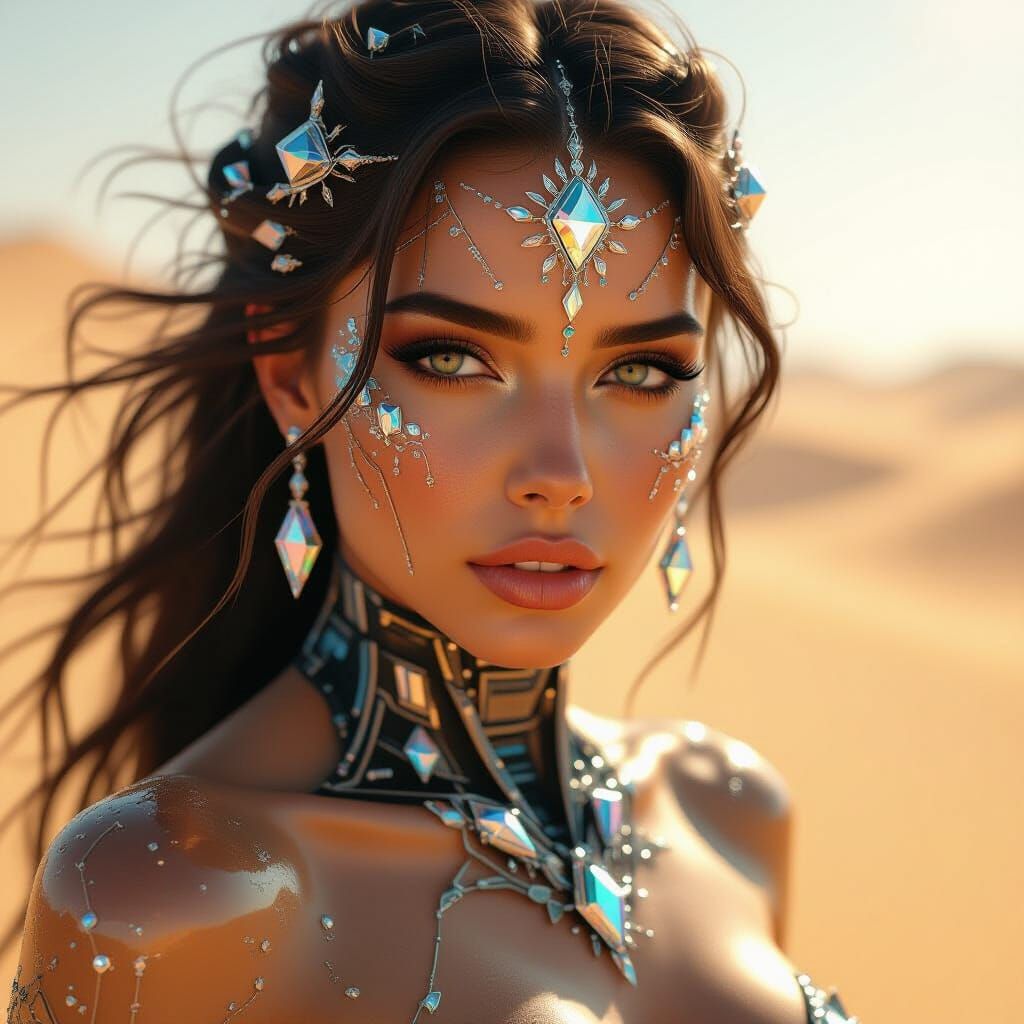 Cybernetic Goddess Emerges from Digital Sandstorm