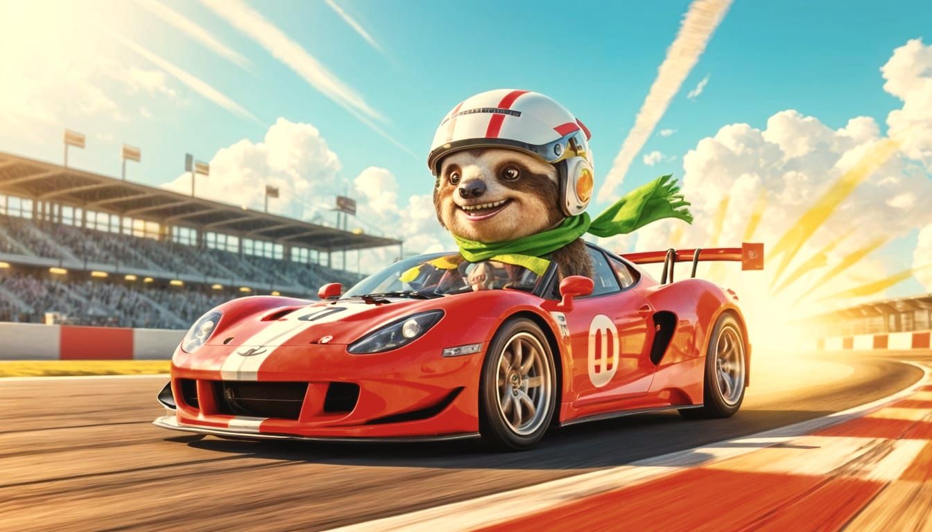 Smiling Sloth Races Car in Pixar Style