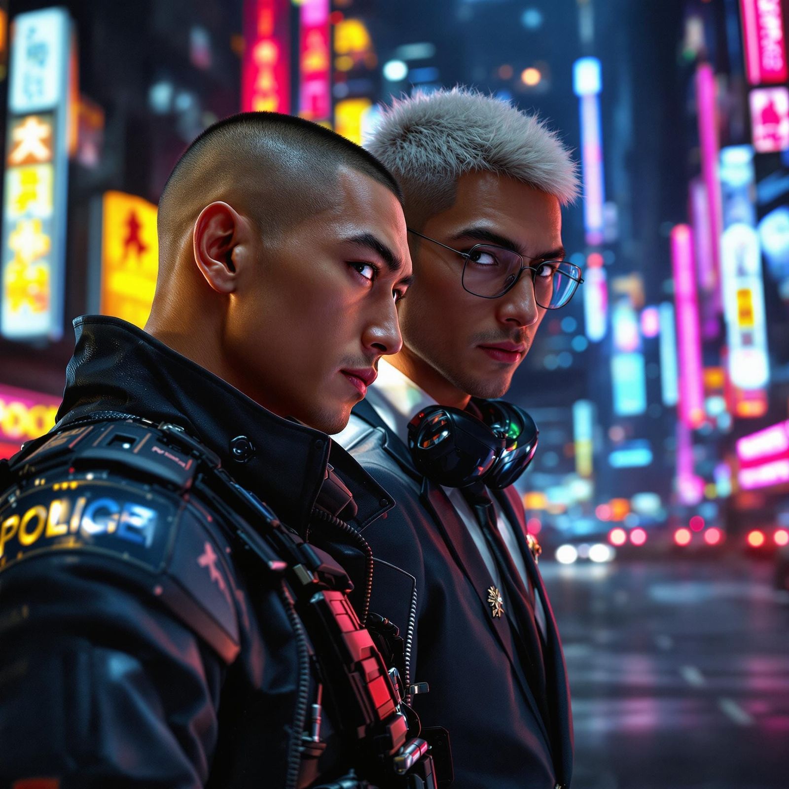 Futuristic Police Investigate Crime Scene in Neon City