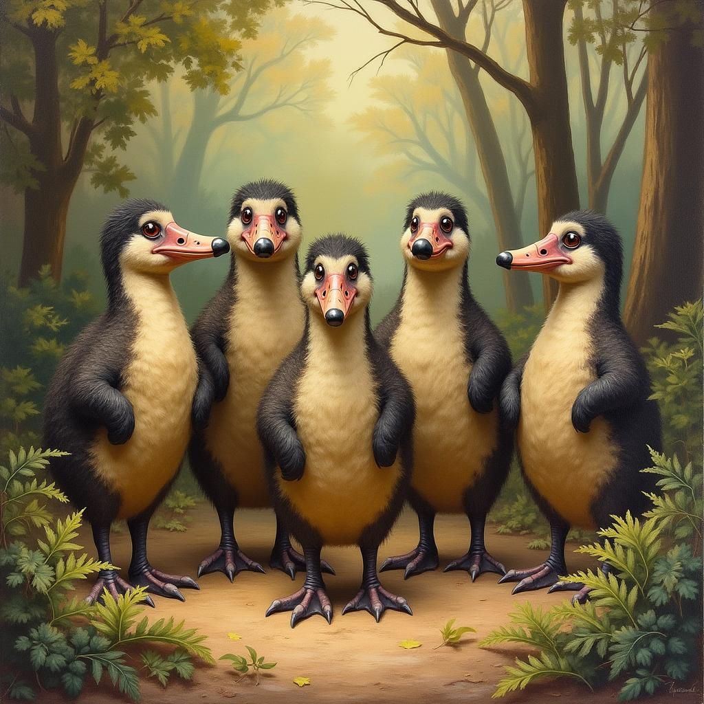 Group of Platypuses Posing in Wildlife Art Style