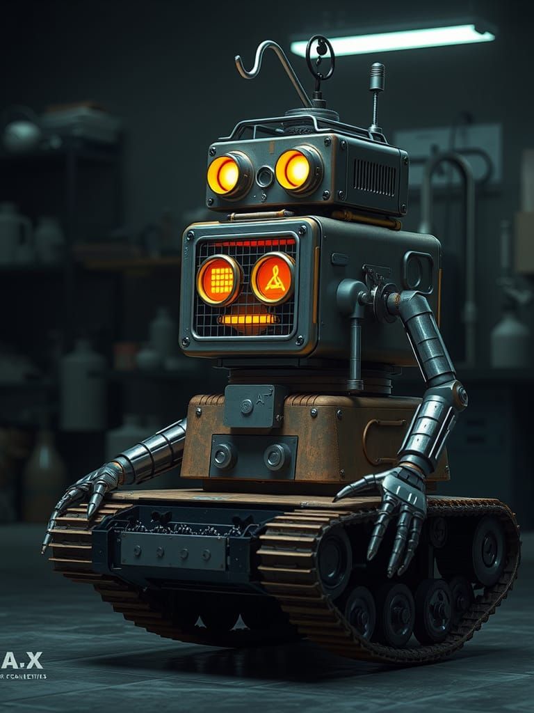 Retro-Futuristic AI Robot in Dimly Lit Laboratory